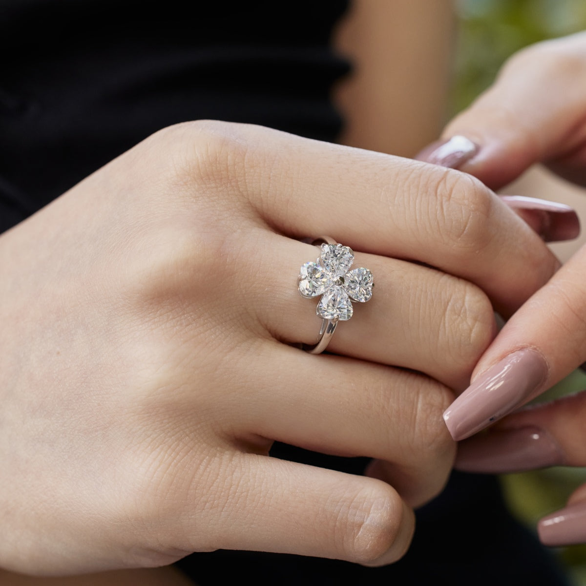 [Amore Jewelry]Heart-shaped Four-Leaf Clover Ball Ring