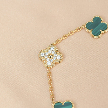 [Opulent Aurora]CLOVER  5 MOTIF MALACHITE DIAMOND BRACELET